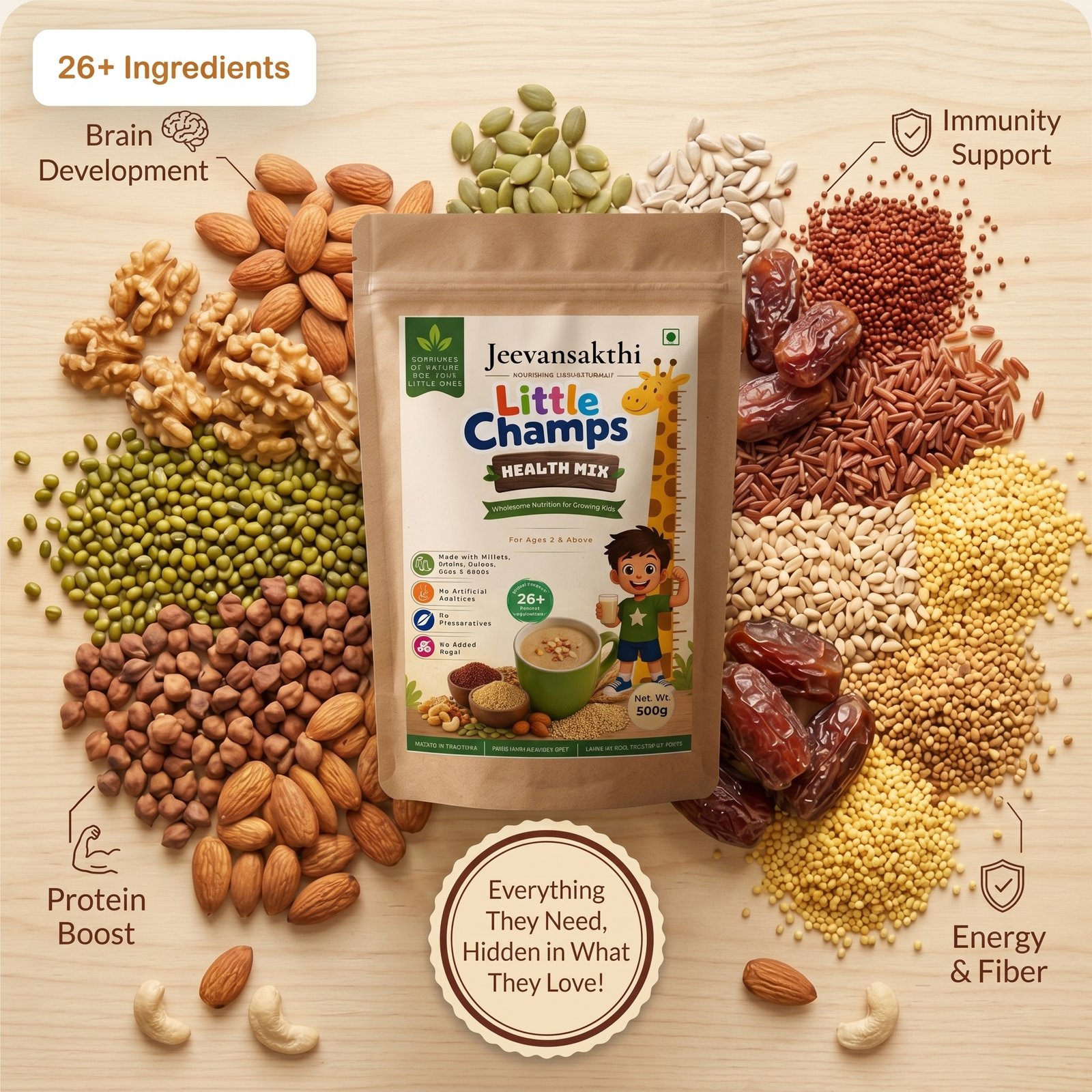 Jeevansakthi health mix ingredients — millets, grains, pulses, nuts and seeds