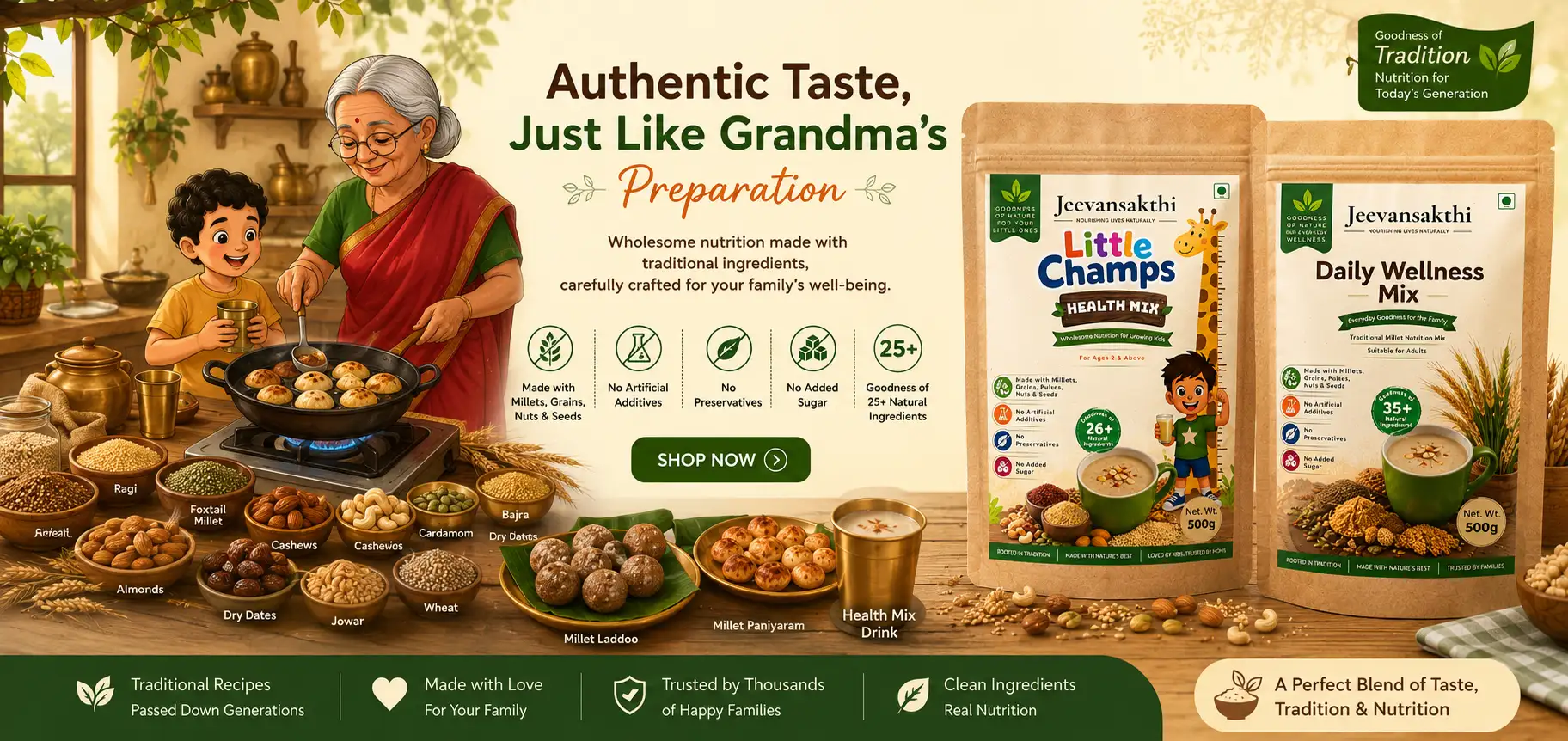Jeevansakthi Little Champs and Daily Wellness Mix made with millets grains nuts and seeds