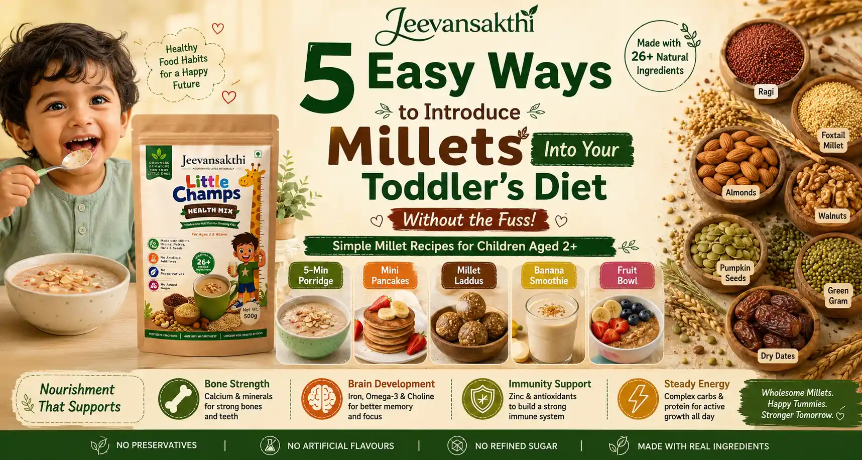 5 easy ways to introduce millets to toddlers using Jeevansakthi Little Champs health mix